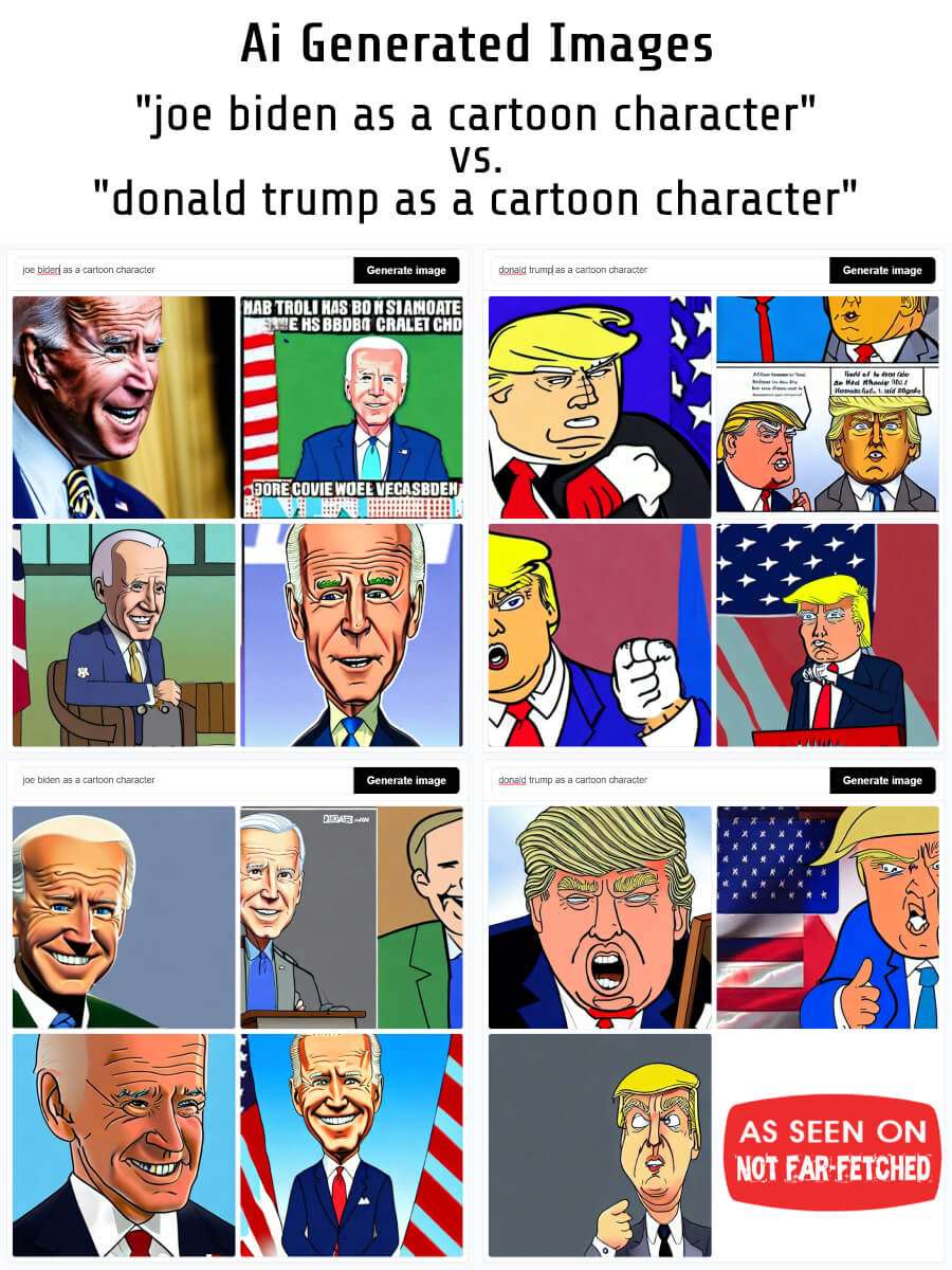 Image presents Ai generated picture comparisons of picture results with the prompts of "joe biden as a cartoon character" and "donald trump as a cartoon character"; with the results painting Joe Biden as a charming, kind character and Donald Trump as a mean spirited character.