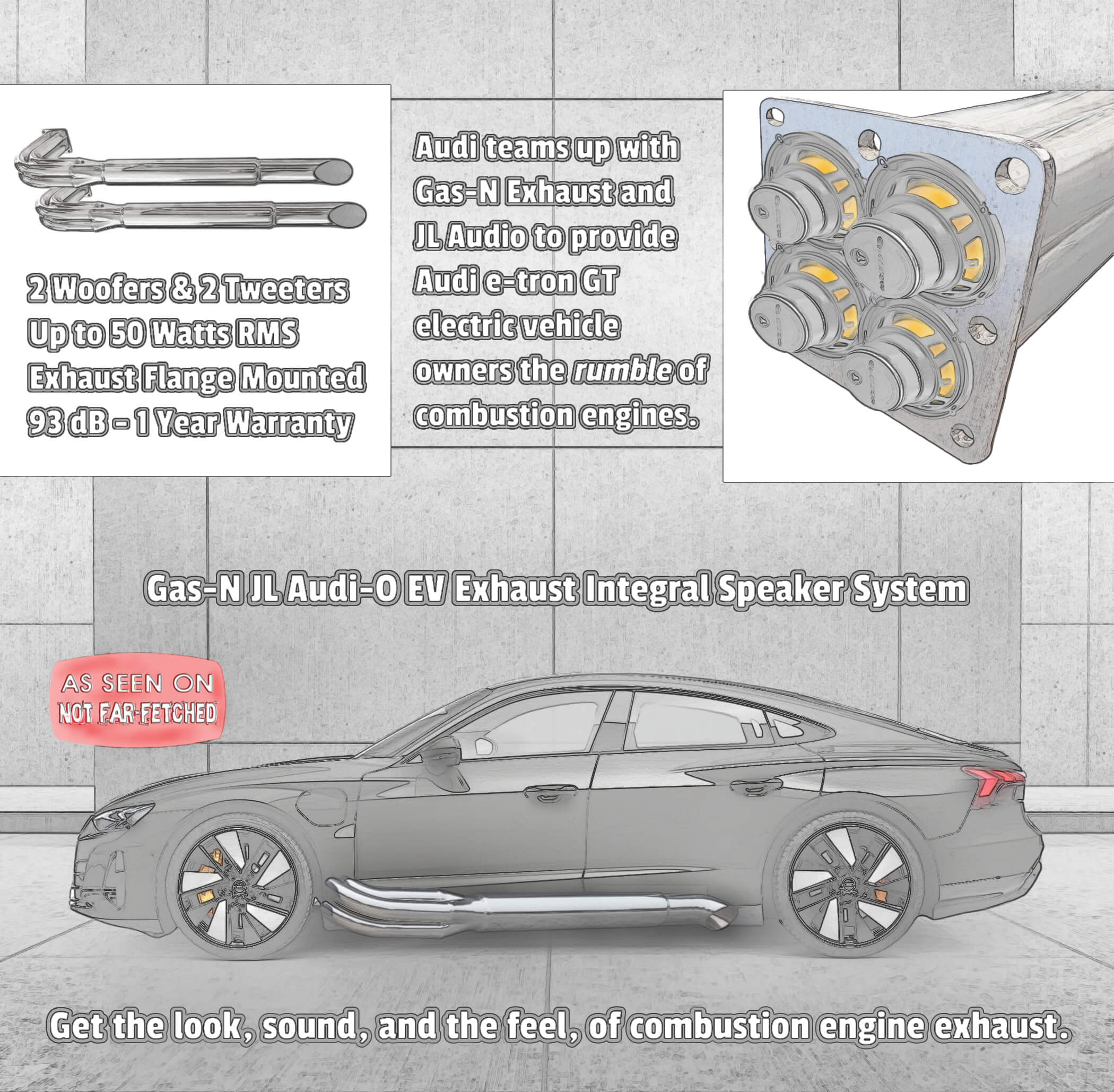 Image presents a picture of the Audi e-tron GT electric vehicle with a faux Gas-N side exhaust pipe and JL Audio 4-Speaker kit to give the electric vehicle the rumble of a combustion engine.