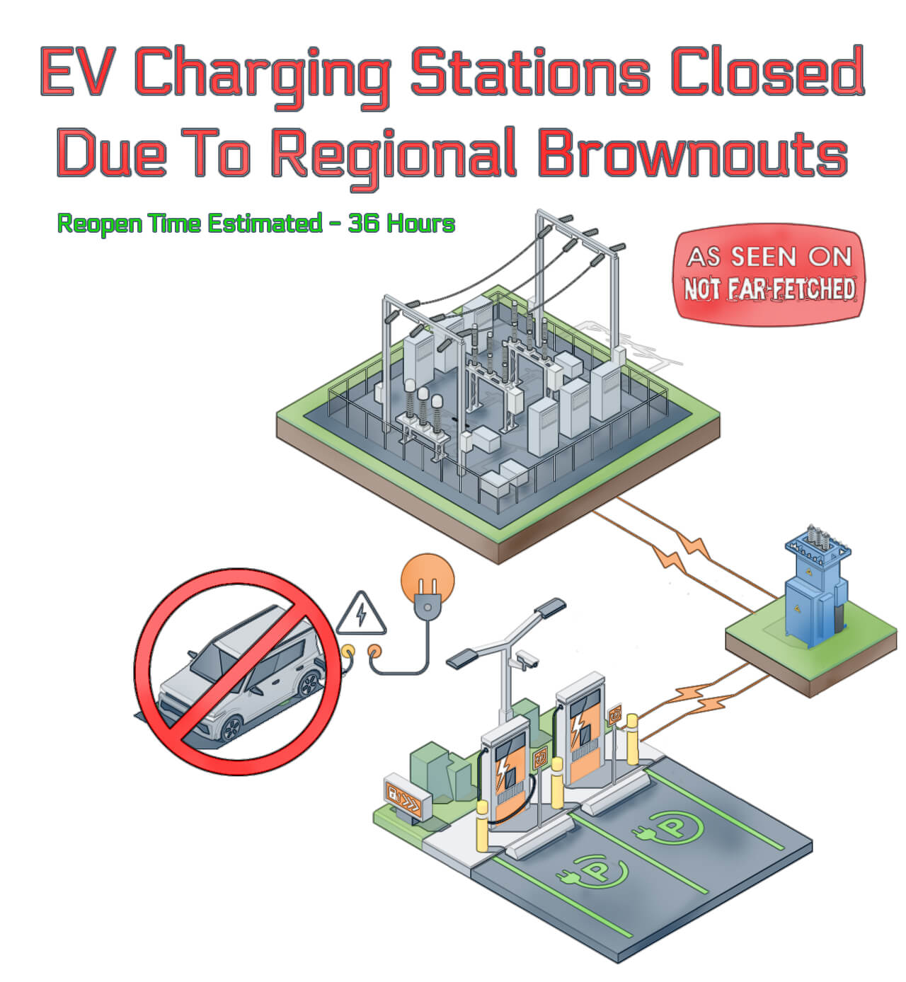 Image presents the picture of an electrical vehicle station with the regional power grid that feeds it along with a title which reads "EV Charging Stations Closed Due To Regional Brownouts - Reopen Time Estimate - 36 Hours".