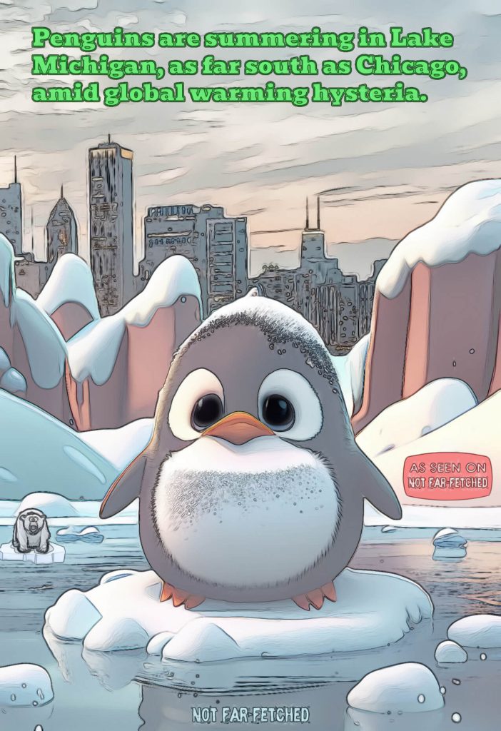 Image presents a picture of a penguin perched on an ice berg on Lake Michigan in the summer season, as far south as Chicago, in the midst of global warming hysteria.