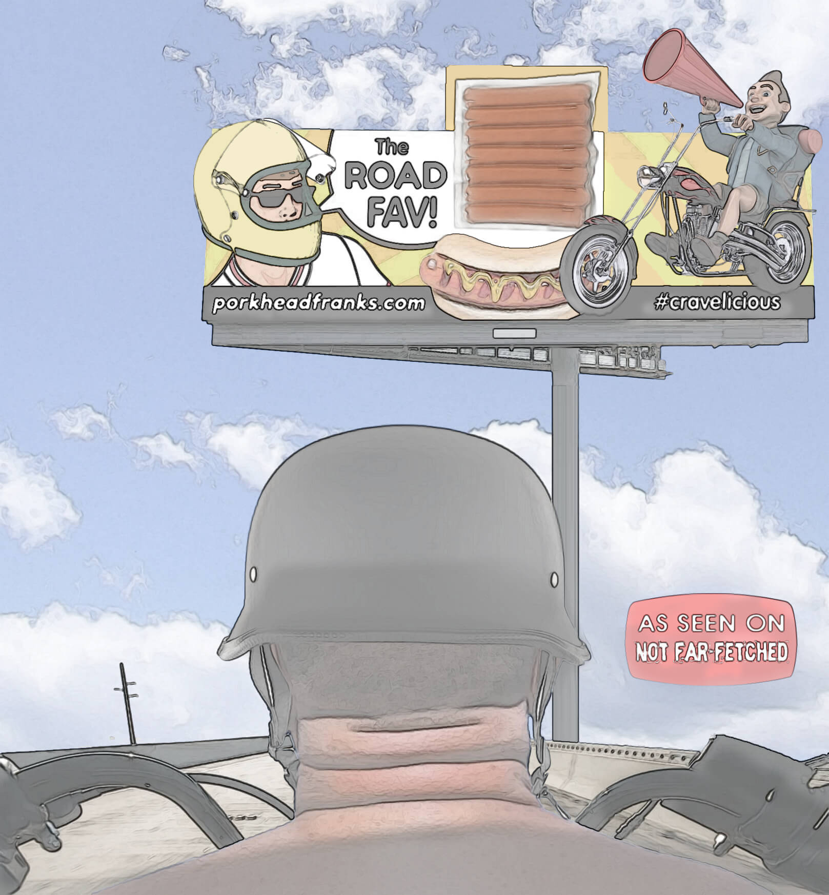 Image presents the parody picture of a motorcyclist with a thick neck riding on the highway beneath a billboard advertising Porkhead Franks, "The Road Fav". The package of Porkhead Franks looks eerily similar to the biker's neck.