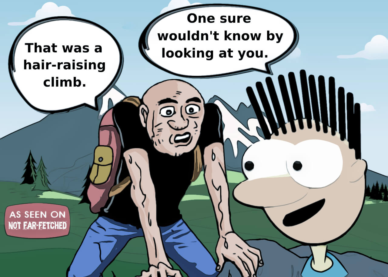 Image presents the picture of a young man with spiked hair and an older man with no hair. Upon completing climbing a mountain the old man says, "That was a hair raising climb.", to which the lad with spiked hair looks at the old man and says, "One sure wouldn't know by looking at you."