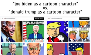 This featured image presents Ai generated picture comparisons of picture results with the prompts of "joe biden as a cartoon character" and "donald trump as a cartoon character"; with the results painting Joe Biden as a charming, kind character and Donald Trump as a mean spirited character.