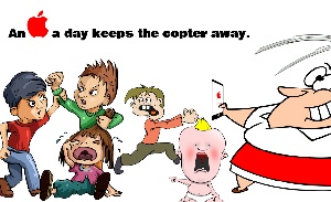 This featured image presents a picture of a helicoptor mom who is distracted from watching her four bickering children by her Apple mobile phone with the text caption, "An Apple a day keeps the copter away".