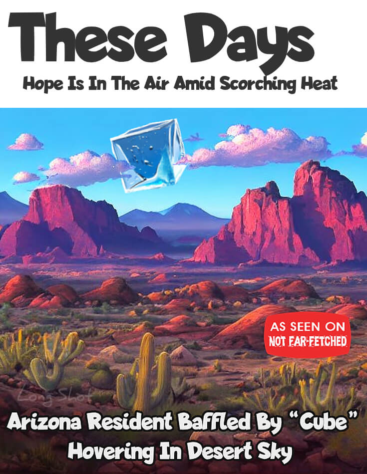 Image presents the cartoon picture of a hot Arizona desert scene with a huge ice cube hovering in the sky with clouds boxing it in and with the title, "These Days: Hope Is In The Air Amid Scorching Heat" and the subtitle at the bottom of the picture stating, "Arizona Resident Baffled By "Cube" Hovering In Desert Sky".