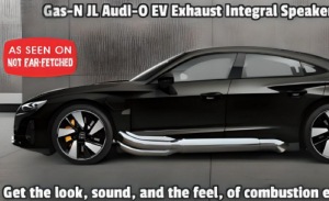 This featured image presents a picture of the Audi e-tron GT electric vehicle with a faux Gas-N side exhaust pipe and JL Audio 4-Speaker kit to give the electric vehicle the rumble of a combustion engine.