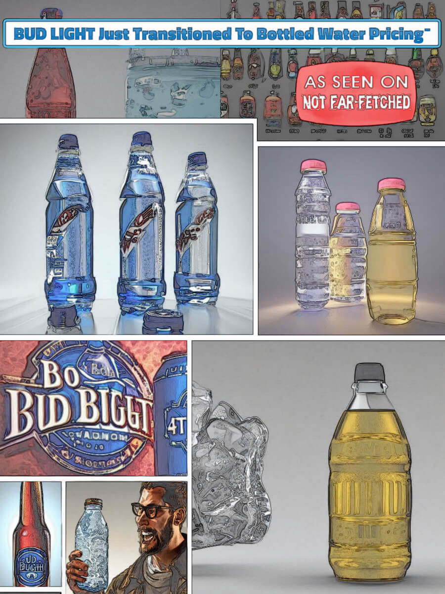 Image presents pictures of light beer and water in water bottles along with light beer in beer bottles and cans with the cartoon title, "BUD LIGHT Just Transitioned To Water Bottle Pricing Minus" as a spoof on the beer's woes in popularity and now in pricing following its recent debacle.