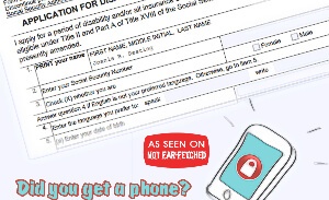 This featured image presents the picture of a Social Security Disability Benefits form with applicant name, "Joanis B. Resting", a mobile phone whose screen shows it is locked, and the headline, "Unemployed masses drawing Social Security benefits claiming government issued mobile phones are disabled, making it impossible to submit resumes to employers offering jobs."