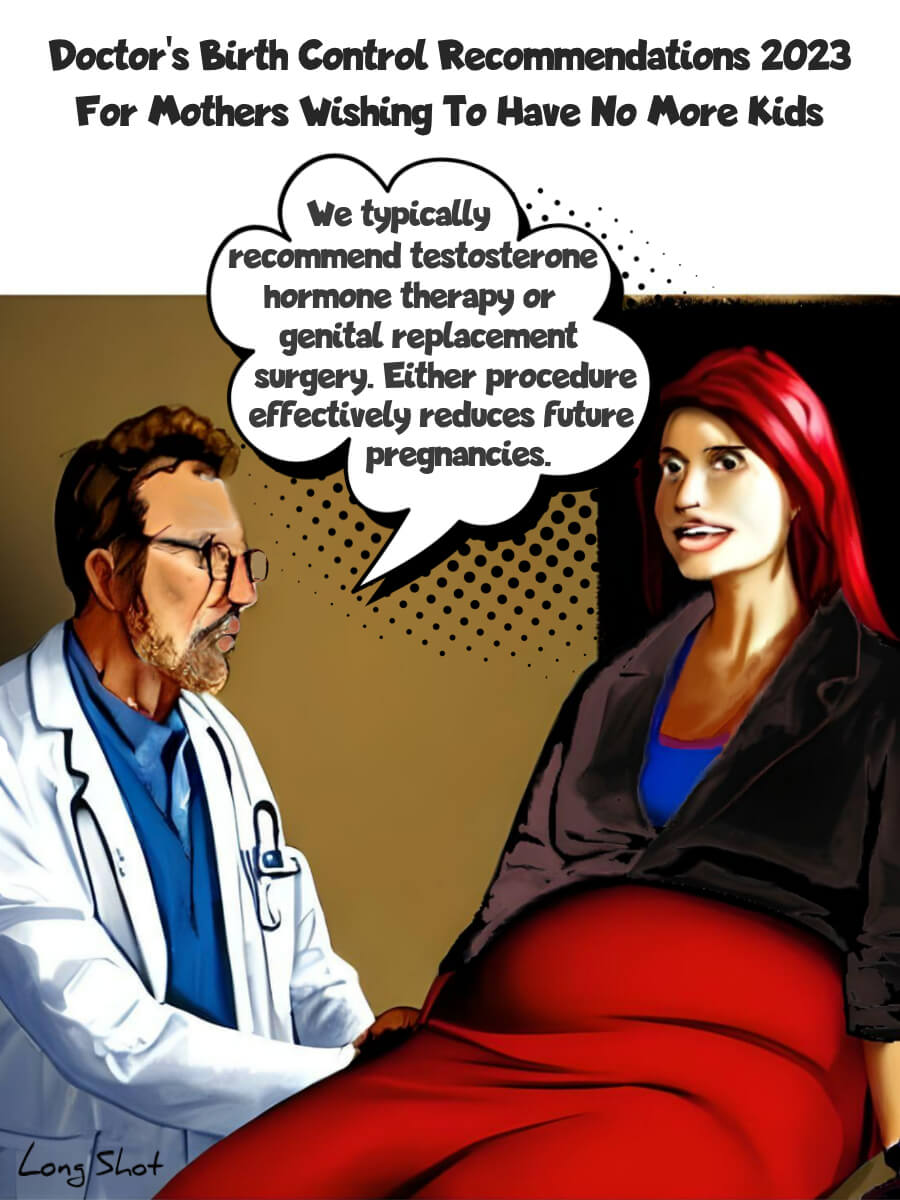 Image presents the cartoon picture of a pregnant mother with a shocked look on her face when the doctors says, "We typically recommend testosterone hormone therapy or genital replacement therapy...", when she came to the doctor because she wanted to inquire about what to do when she no longer wants to have kids.