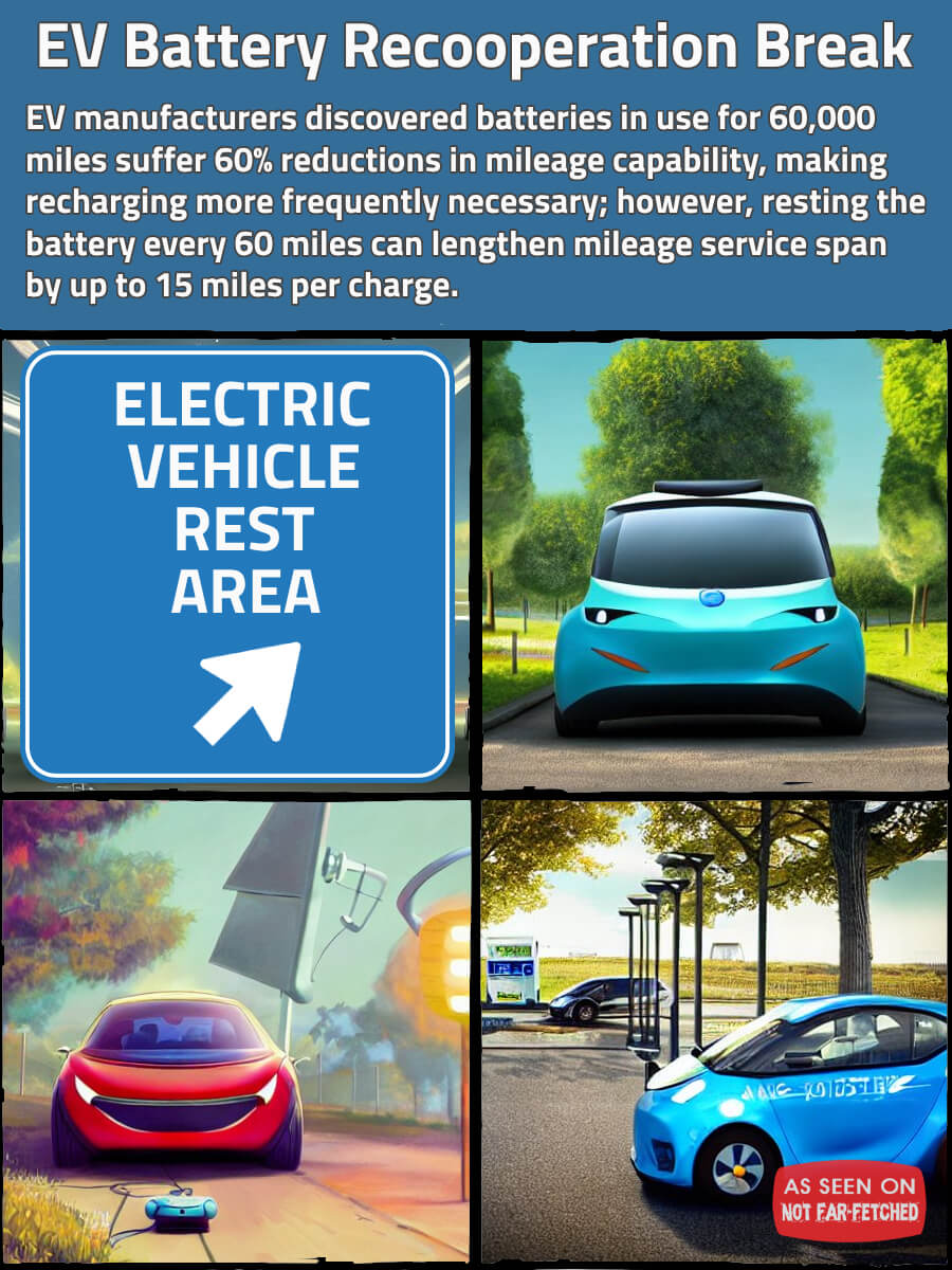 Image presents the picture of a highway sign signifying, "Electric Vehicle Rest Area Ahead" with the title, "EV Battery Recooperation Break" along with pictures of three electrical vehicles resting, because EV manufactures found that after 60,000 miles, EV battery mileage span suffers reductions making more frequent recharging necessary; however, resting the battery every 60 miles can increase the mileage service span by up to 15 miles.