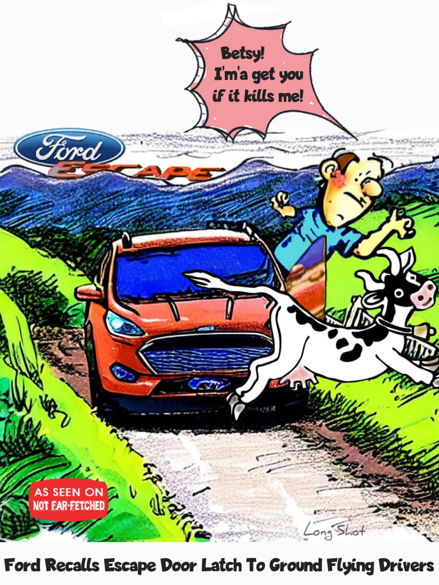 Image presents the cartoon picture of a Ford Escape car flying down a back country road with the driver's side door flying open and the driver jumping out, attempting to wrangle Betsy The Cow. The speech bubble says, "Betsy! I'm'a get you if it kills me!" and the cartoon title at the bottom reads, "Ford Recalls Escape Door Latch To Ground Flying Drivers" The Ford logo is set on above the hills on the skyline and setting behind the hills is the Escape logo, in a orange sunset tone.
