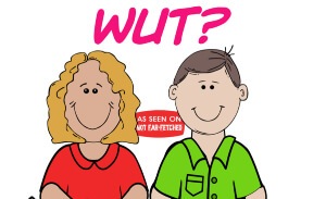 This featured image presents the picture of a family of three with "Her" beneath the mom, "Him" beneath the dad, and "??" beneath the baby crawling in its diaper. A thought bubble beside the baby says, "You'll have to wait until I'm old enough to tell you!" and there is a speech bubble partially intruding on the picture from the left side which says from society, "Wait for it!" The top title is "WUT?" The bottom copyright is "Gender Reveal 2023 ©"