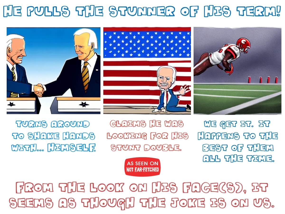 Image presents the picture of Joe Biden turning around after a press conference to shake hands with "himself"! He claims he was looking for his stunt double.