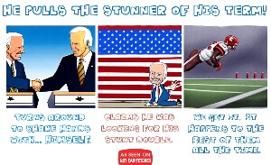 This featured image presents the picture of Joe Biden turning around after a press conference to shake hands with "himself"! He claims he was looking for his stunt double.