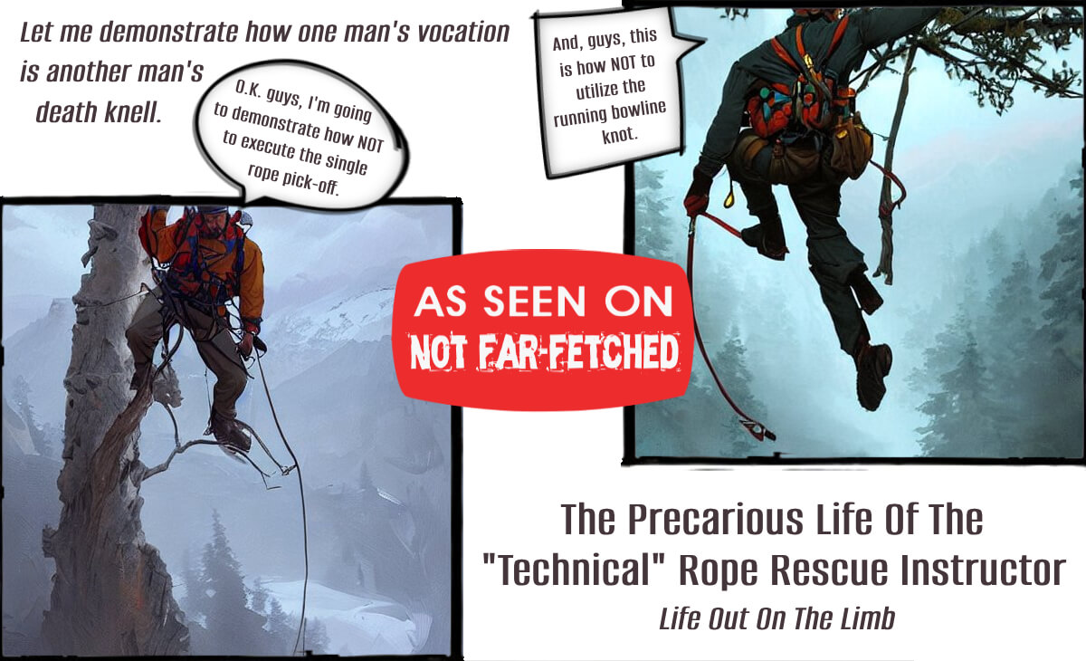 Image shows two cartoon frames about the precarious life of a "technical" rope rescue instructor. Each frame illustrates an instructor in a dangerous situation that will likely end in death. On says, "O.K. guys, I'm going to demonstrate how NOT to execute the single rope pick-off." The other says, "And guys, this is how NOT to utilize the running bowline knot." Two subtitles state, "Life Out On The Limb" and "Let me demonstrate how one man's vocation is another man's death knell."