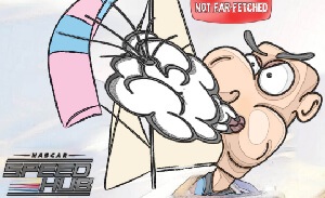 This featured image presents the picture of a NASCAR driver leaning his head out his window to blow on the wind sail attached to his car in the attempt to make the car go faster in the was of the International Energy Agency mandating that NASCAR fully embrace clean energy by the year 2030.