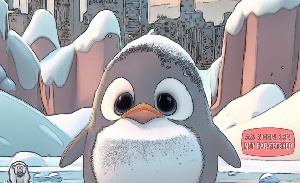 Image presents a picture of a penguin perched on an ice berg on Lake Michigan in the summer season, as far south as Chicago, in the midst of global warming hysteria.