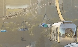 Image presents the picture, from the view point of looking out of a tent's front zipper door, a tent which is hanging, suspended in air, from a guide wire above; overlooking the Portland Aerial Tram which in the parody is now closed due to homeless hammock camping, showing a string of hanging hammocks along the tram guide wire.