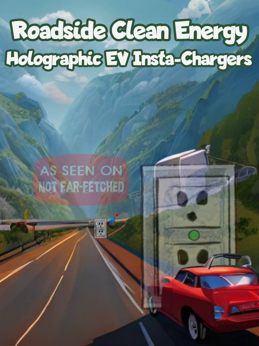 Image presents the picture of an electric vehicle driving down the mountainous highway while passing through a roadside, car-sized, holographic plugin with the title, "Roadside Clean Energy", and subtitle, "Holographic EV Insta-Chargers".
