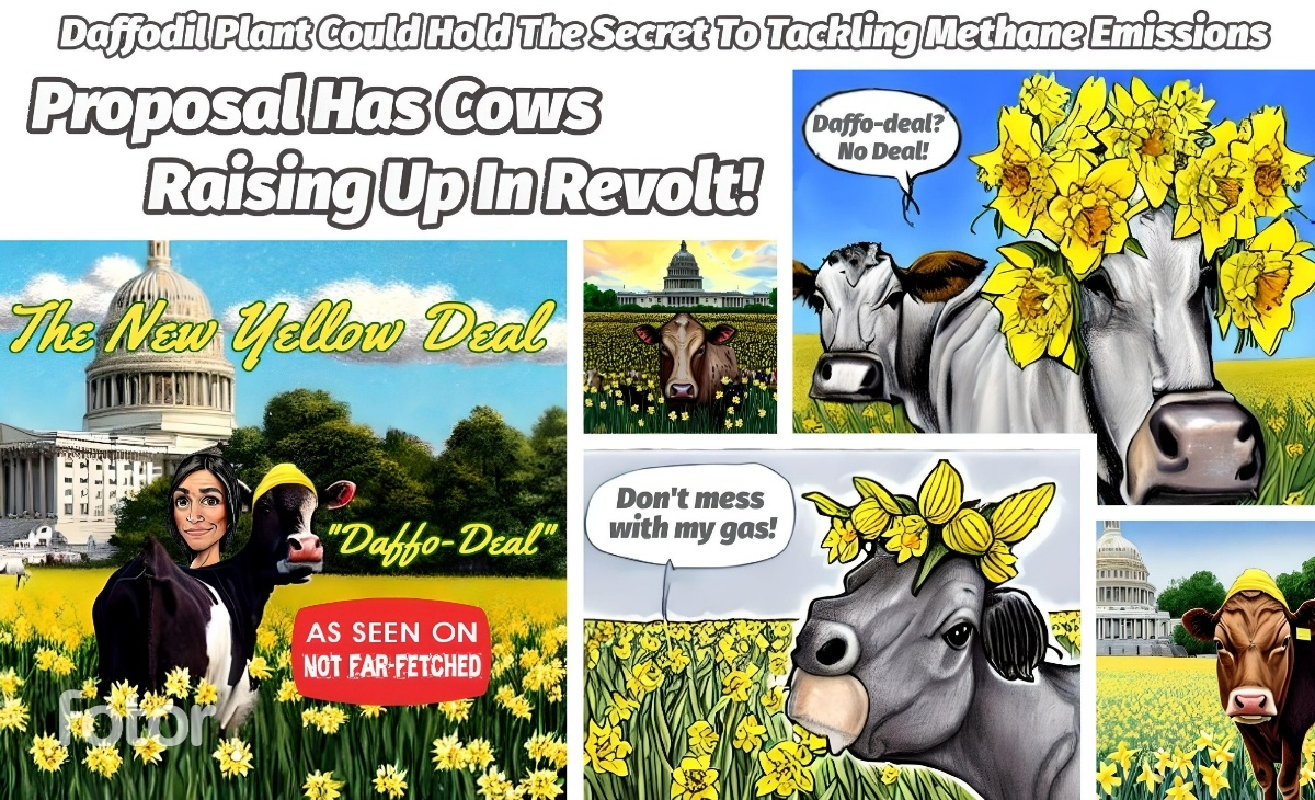 Image presents the cartoon pictures of cows in daffodil fields in front of the U.S. Capitol building. One is in a field with U.S. Representative Alexandria Ocasio-Cortez (AOC). Cartoon title is "Daffodil Plant Could Hold Secret To Tackling Methane Emissions" and subtitle is "Proposal Has Cows Raising Up In Revolt". The title of the cartoon frame with AOC is, "The New Yellow Deal: Daffo-Deal". One cow is saying, "Daffo-Deal? No Deal!" while another is saying, "Don't mess with my gas!" The cartoon is a spoof on the recent research purporting that daffodil extract reduces methane gas from cows.