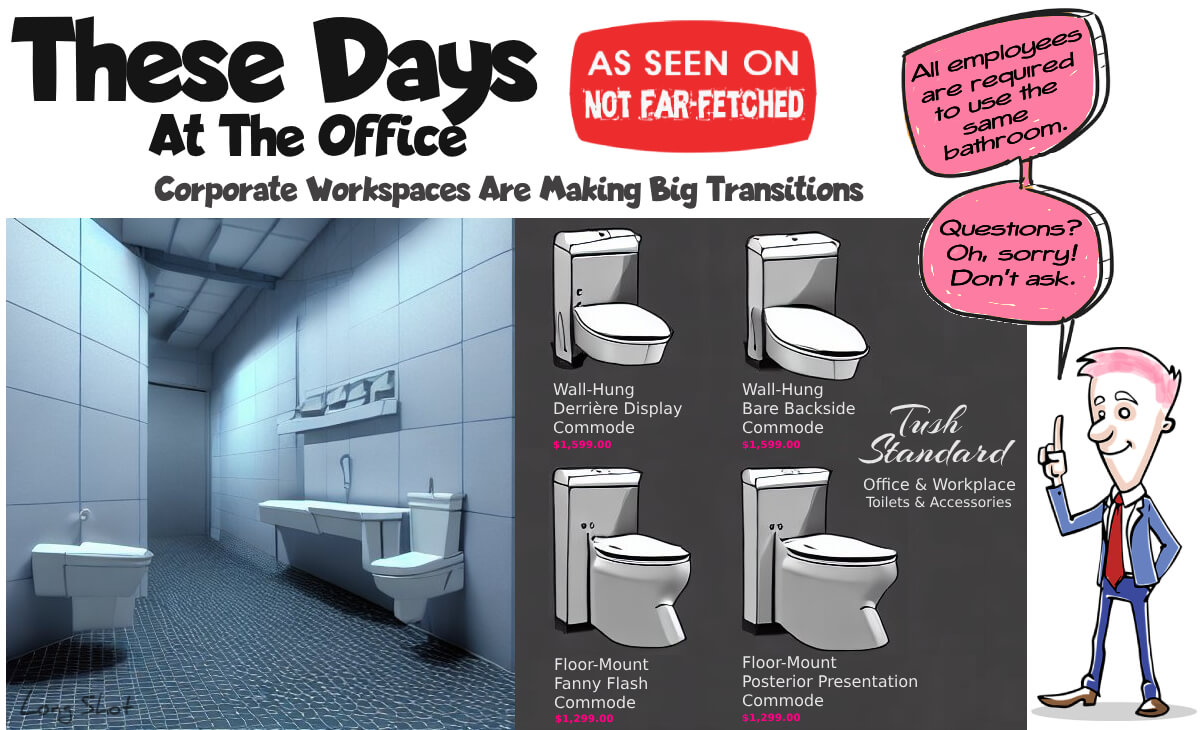 Image shows two cartoon frames representing two pages in a product catalog with the title, "These Days At The Office" and subtitle, "Corporate Workspaces Are Making Big Transitions". The first frame shows a work bathroom with a row of wash basins and two toilets, exposed to the open bathroom, without privacy walls or doors. The second frame shows the Tush Standard line of Office & Workplace toilets. The Wall-Hung Derrière Display Commode at $1,599, the Wall-Hung Bare Backside Commode at $1,599, the Floor-Mount Fanny Flash Commode at $1,299, and the Floor-Mount Posterior Presentation Commode at $1,299. Beside the display of toilets is the office manager pointing out with a speech bubble saying, "All employees are required to use the same bathroom. Questions? Oh, sorry! Don't ask."