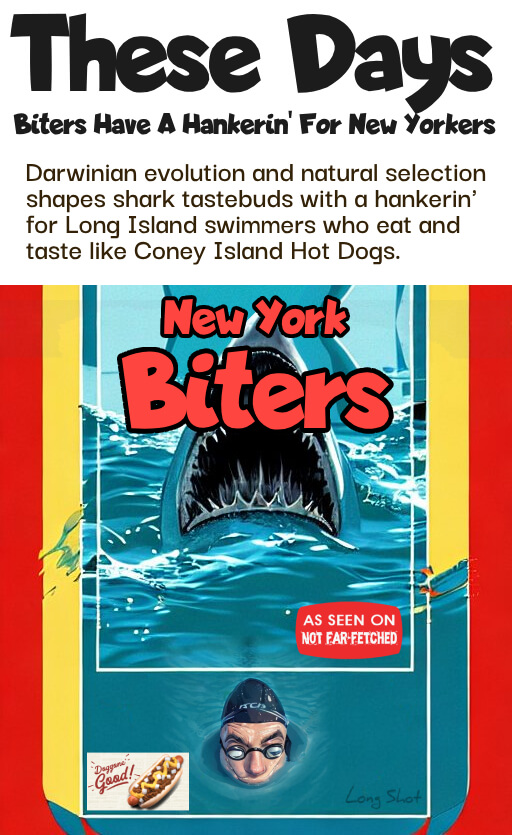 Image presents the movie poster type cartoon picture of a New Yorker swimming with goggles and a head cap in the waters off of New York while behind him a shark has risen out of the water with jaws wide open ready to chomp down on him and the title reads, "These Days: Biters Have A Hankerin' For New Yorkers" and the sub title reads, "New York Biters". The narrative points out that Darwinian evolution and natural selection shapes shark tastebuds with a hankerin' for Long Island swimmers who eat and taste like Coney Island Hot Dogs. In the foreground of the poster, next to the swimmer's head is a advertisement for a Coney Island Hot Dog with the slogan, "Doggone Good!"