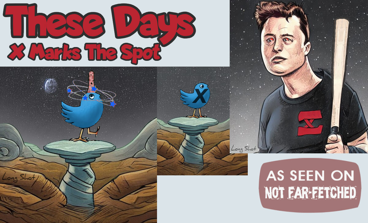 Image presents three cartoon pictures with the title "These Days: X Marks The Spot". Elon Musk is shown with bloodshot eyes, holding a baseball bat with a black t-shirt with a red "X" on it and A starry sky in the background. The next picture shows the Twitter bird, perched on a bird bath with a starry sky in the background and with a big black "X" on its chest. The third picture shows the Twitter bird, half teetering on the bird bath, dazed, and with a big knot sticking up from the top of its head.