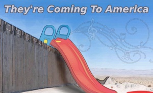 This featured image presents the picture of a huge Little Tikes slide set up over the U.S. southern border between the United States and Mexico, where the U.S. Government is offering free tickets to migrants to see Bozo The Uncle Sam. With a free ticket, they can climb up the steps of the slide and slide on into the United States.