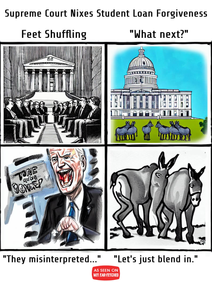 Image presents four cartoon frames about reactions to the U.S. Supreme Court nixing the student loan forgiveness plan.