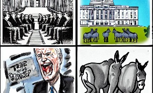 This featured image presents four cartoon frames about reactions to the U.S. Supreme Court nixing the student loan forgiveness plan.