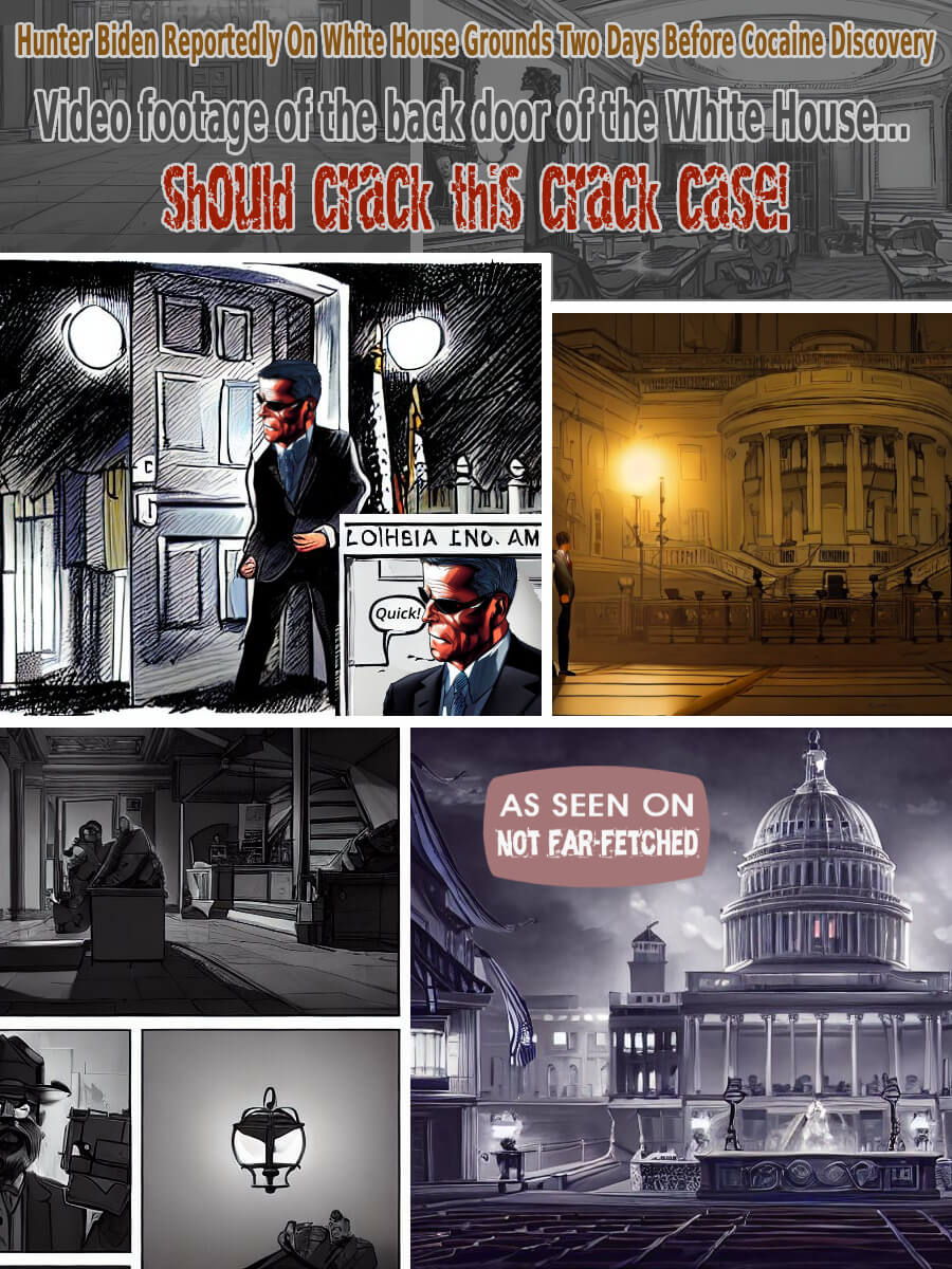 Image shows comic strip revealing Hunter Biden sneaking out the back door of the White House with the title, "Video Footage Of Who Snuck Out The Back Door Of The White House Should Crack This Crack Case!" when cocaine was discovered in the White House.