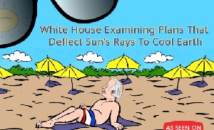This featured image presents a picture of Joe Biden sunbathing on a beach with the sun dawning a pair of sunglasses to shield itself from the glare coming from the pale, white body lying upon the beach towel in the sand, with the title, "White House Examining Plans That Deflect Sun's Rays To Cool Earth".