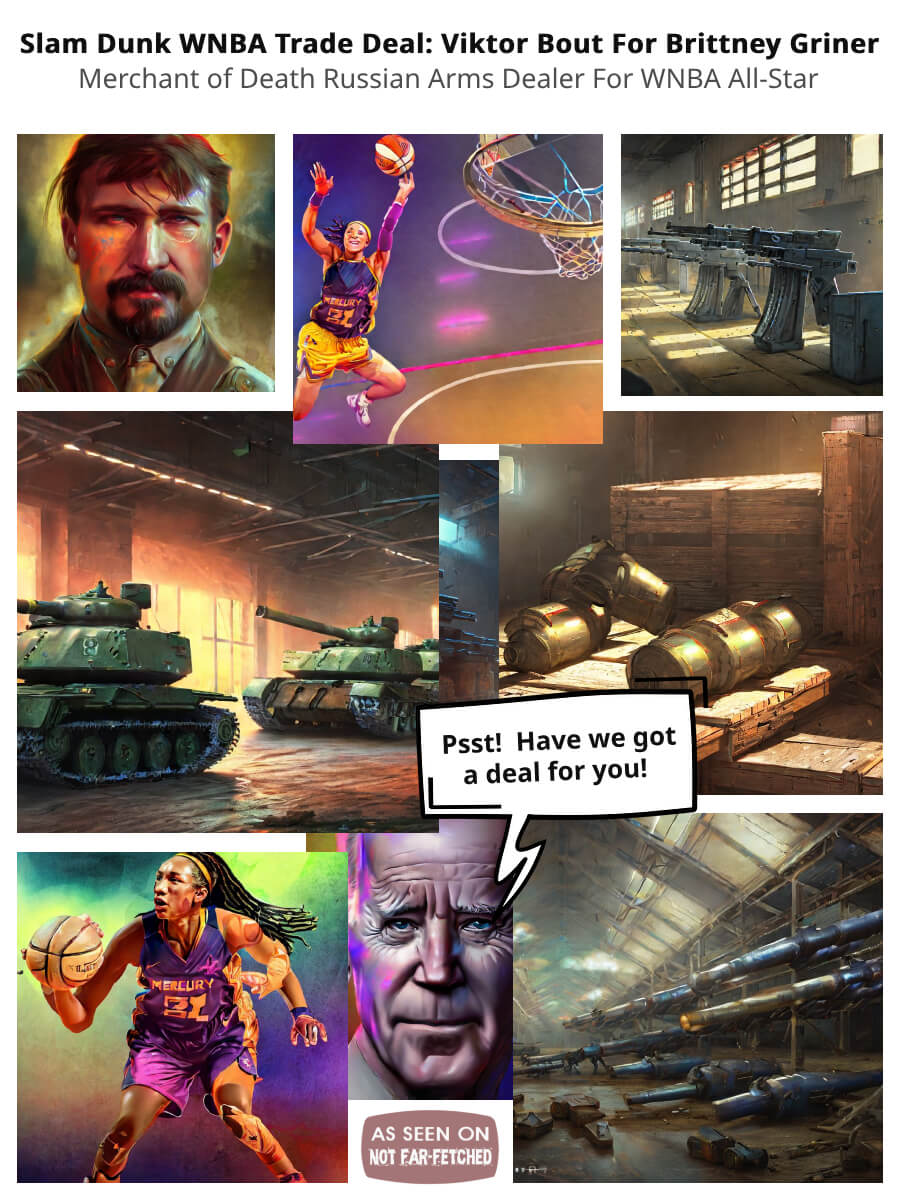 Image presents the cartoon comic strip with title "Slam Dunk WNBA Deal: Viktor Bout For Brittney Griner: Merchant of Death Russian Arms Dealer For WNBA All-Star" with pictures of Brittney playing basketball and warehouses full of Russian military arms and Joe Biden saying, "Psst! Have we got a deal for you!"