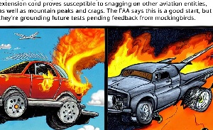 This featured image presents a cartoon with the title, "FAA Approves World’s First Electric Flying Cars for Testing", with four frames of comic cartoons. Two are rear-mounted battery flying electric cars which caught fire due to the high levels of sodium particulates in Urban air. One is a Tesla electric flying vehicle which leaks lithium iodide, exposing migratory birds to soiling and contamination. The fourth is an Acme model, whose extension cord is prone to snagging on other aviation entities as well as mountain peaks and crags. The FAA is pausing testing, pending feedback from mockingbirds.