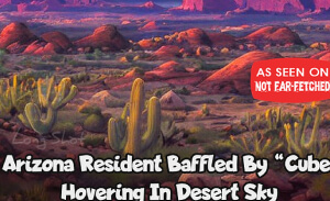 This featured image presents the cartoon picture of a hot Arizona desert scene with a huge ice cube hovering in the sky with clouds boxing it in and with the title, "These Days: Hope Is In The Air Amid Scorching Heat" and the subtitle at the bottom of the picture stating, "Arizona Resident Baffled By "Cube" Hovering In Desert Sky".