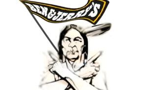This featured image presents the cartoon picture of an indian warrior holding a Ben & Jerry's logo flag, crossing his arms with fingers pointed (the signal for "Trade"), with the title of "Fair Trade" and subtitles of "Ben & Jerry give back Burlington, Vermont company headquarters. Me take back STOLEN Abenaki Nation homeland".