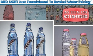 This featured image presents pictures of light beer and water in water bottles along with light beer in beer bottles and cans with the cartoon title, "BUD LIGHT Just Transitioned To Water Bottle Pricing Minus" as a spoof on the beer's woes in popularity and now in pricing following its recent debacle.