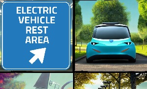 This featured image presents the picture of a highway sign signifying, "Electric Vehicle Rest Area Ahead" with the title, "EV Battery Recooperation Break" along with pictures of three electrical vehicles resting, because EV manufactures found that after 60,000 miles, EV battery mileage span suffers reductions making more frequent recharging necessary; however, resting the battery every 60 miles can increase the mileage service span by up to 15 miles.