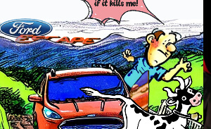 This featured image presents the cartoon picture of a Ford Escape car flying down a back country road with the driver's side door flying open and the driver jumping out, attempting to wrangle Betsy The Cow. The speech bubble says, "Betsy! I'm'a get you if it kills me!" and the cartoon title at the bottom reads, "Ford Recalls Escape Door Latch To Ground Flying Drivers" The Ford logo is set on above the hills on the skyline and setting behind the hills is the Escape logo, in a orange sunset tone.