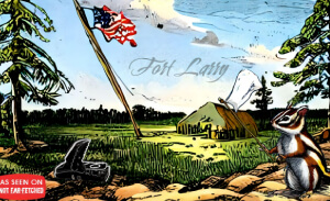 This featured image presents a picture of a log fort in the wilderness with the U.S. American flag flying out front titled, "Fort Larry". A chipmunk is seen in the foreground, raising a white flag in surrender. Off to the side is a large mouse trap. The chipmunk has decided Larry's armament of traps is too much.