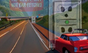 This featured image presents the picture of an electric vehicle driving down the mountainous highway while passing through a roadside, car-sized, holographic plugin with the title, "Roadside Clean Energy", and subtitle, "Holographic EV Insta-Chargers".