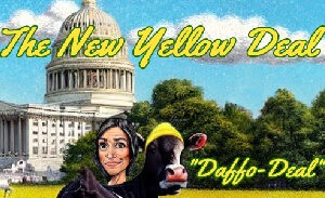 This featured image presents the cartoon pictures of cows in daffodil fields in front of the U.S. Capitol building. One is in a field with U.S. Representative Alexandria Ocasio-Cortez (AOC). Cartoon title is "Daffodil Plant Could Hold Secret To Tackling Methane Emissions" and subtitle is "Proposal Has Cows Raising Up In Revolt". The title of the cartoon frame with AOC is, "The New Yellow Deal: Daffo-Deal". One cow is saying, "Daffo-Deal? No Deal!" while another is saying, "Don't mess with my gas!" The cartoon is a spoof on the recent research purporting that daffodil extract reduces methane gas from cows.