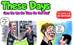 This featured image presents the three cartoon pictures of men shaking hands across three different time frames, circa 1993, circa 2003, and circa 2023. The title of the cartoon is "These Days: How Do We Do 'How Do You Do?' ". In 1983, as they shake hands, one of the gentlemen says, "How do you do?", in 2003 the gentleman says "How you doing?", and in 2023 one of the gentle??? says, "How do you 'dentify?"