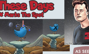 This featured image presents three cartoon pictures with the title "These Days: X Marks The Spot". Elon Musk is shown with bloodshot eyes, holding a baseball bat with a black t-shirt with a red "X" on it and A starry sky in the background. The next picture shows the Twitter bird, perched on a bird bath with a starry sky in the background and with a big black "X" on its chest. The third picture shows the Twitter bird, half teetering on the bird bath, dazed, and with a big knot sticking up from the top of its head.